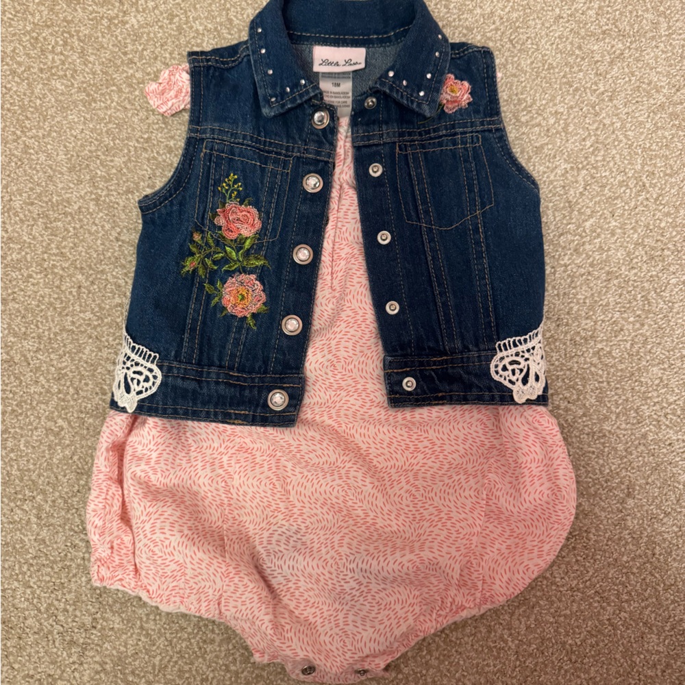 Little Lass Denim Vest with Pink Floral Accents